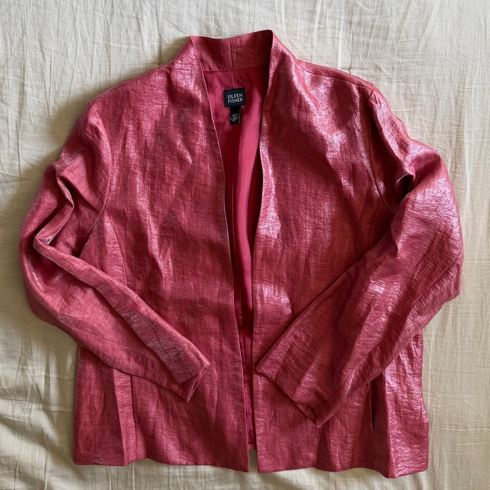 Eileen Fisher Pink Sheen Open-Front Linen Blazer Shawl Jacket Career Glam Sz Lg‎